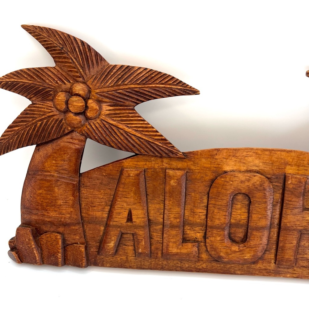 Hawaiian Aloha Hand Made Wall Hanging Decor Plaque Wood Carving Sign Palm Tree - Picture 2 of 8